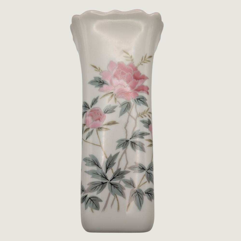 Andre Richard Tea Rose Vase Vintage 1989 Japan Porcelain Scalloped Pink Floral